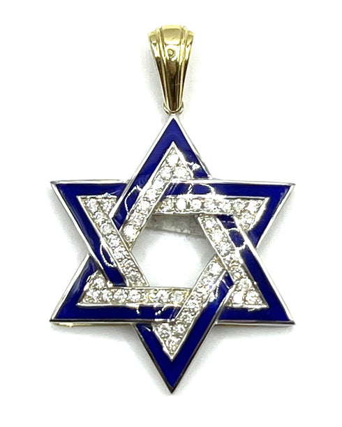 14K Gold & Diamond With Blue Enamel Star of David Necklace